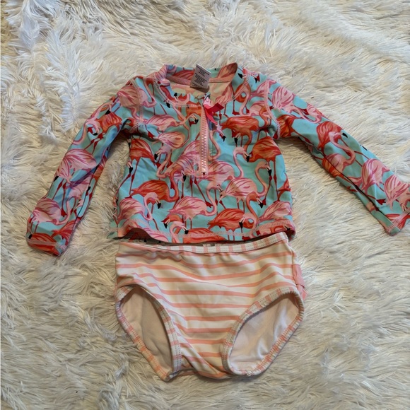 Ruffle Butts Flamingo and Stripe Kids Rashguard Set - Picture 1 of 2